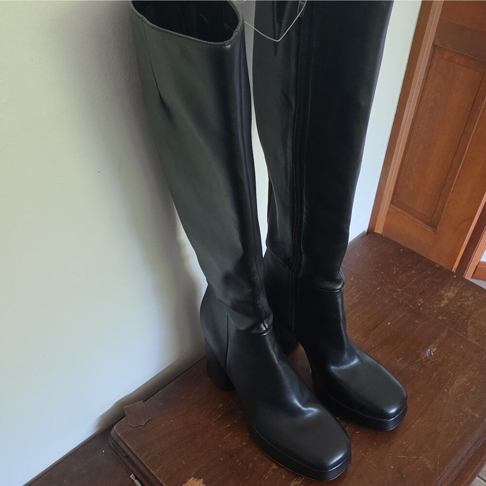 **NEW -Nine West Black Knee High Riding Boots Zip Square Toe Regular Calf US 9 M - Picture 4 of 8